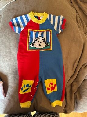 Vintage Peanuts Snoopy Colorblock One-Piece Romper with Puppy Patch - Red & Blue